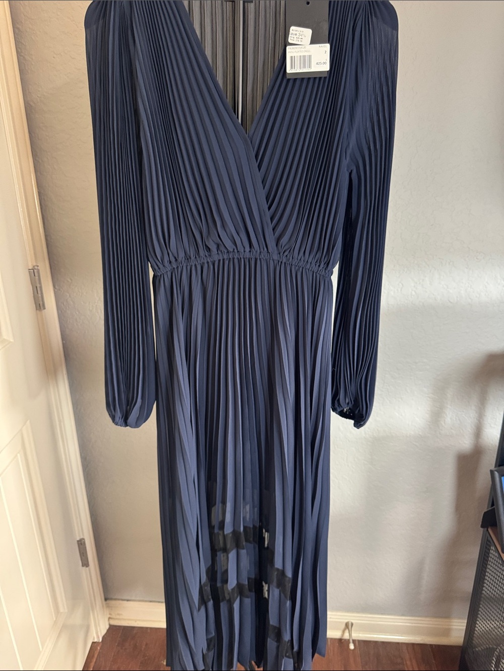 The Kooples Navy Pleated Long-Sleeve V-Neck Dress.  Lined to the knee.